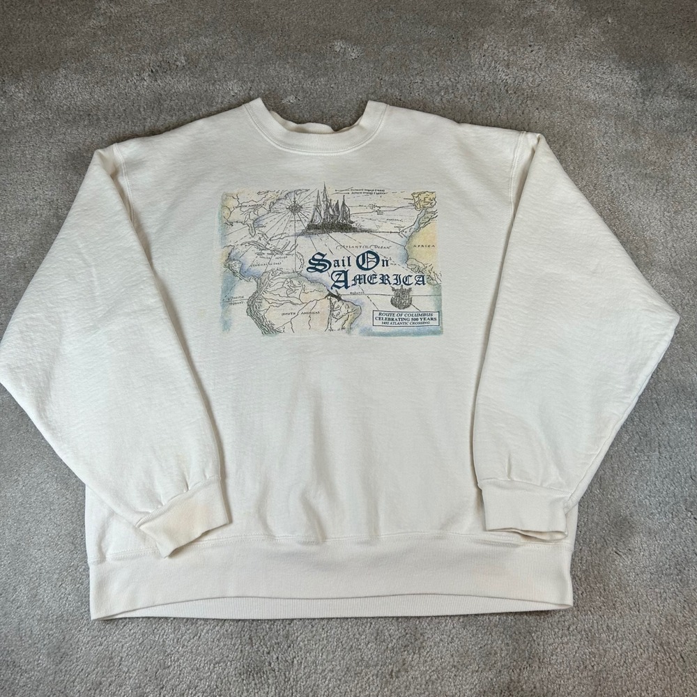 Vintage 90s Sail On America Sweatshirt Mens XL Map Graphic Route Of Columbus USA